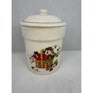 Vintage Cindy Sims Strawberry Basket Stoneware Canister Speckled Ceramic Jar Lid